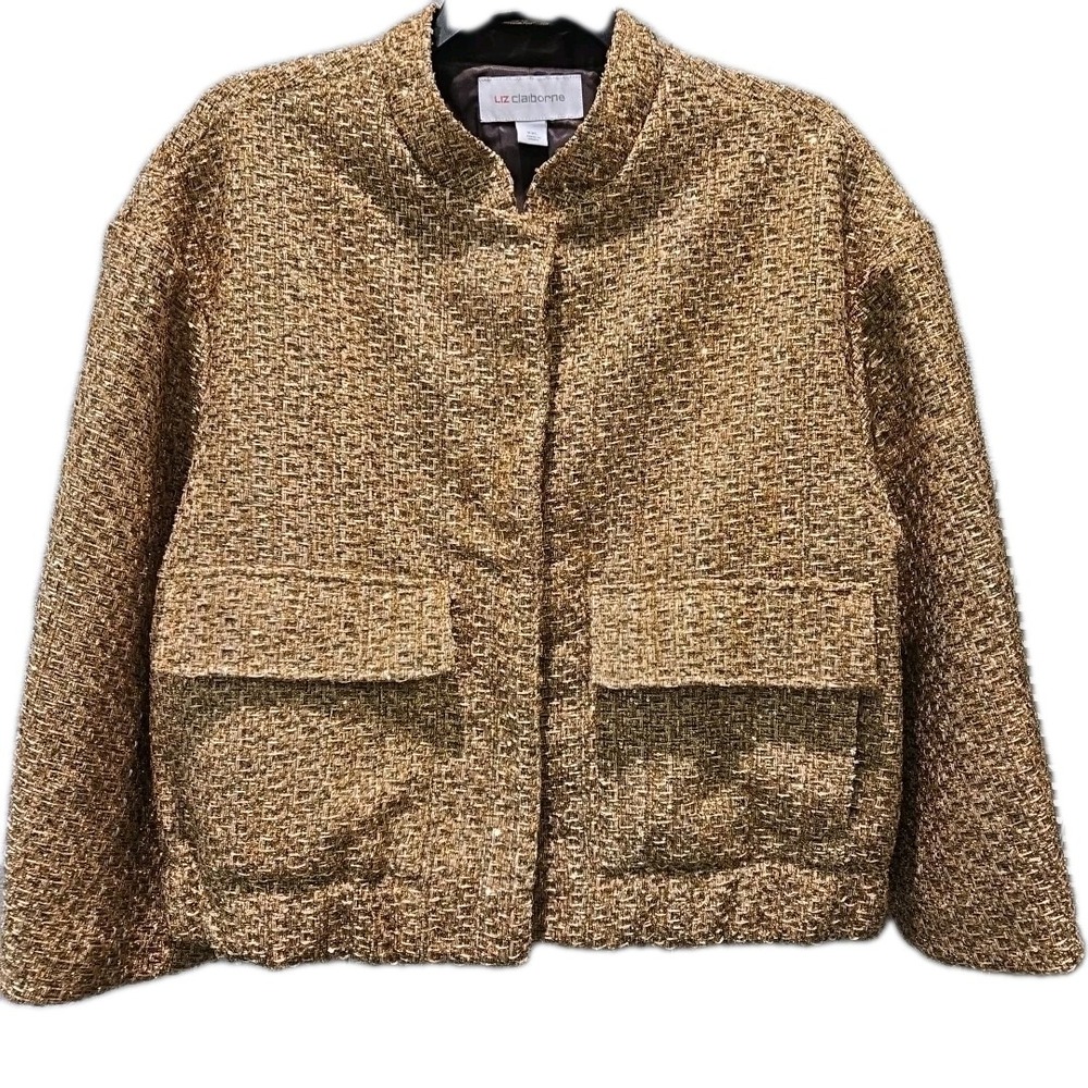 Liz Claiborne Bomber Jacket XXL Gold Tweed Womens Snap Metallic